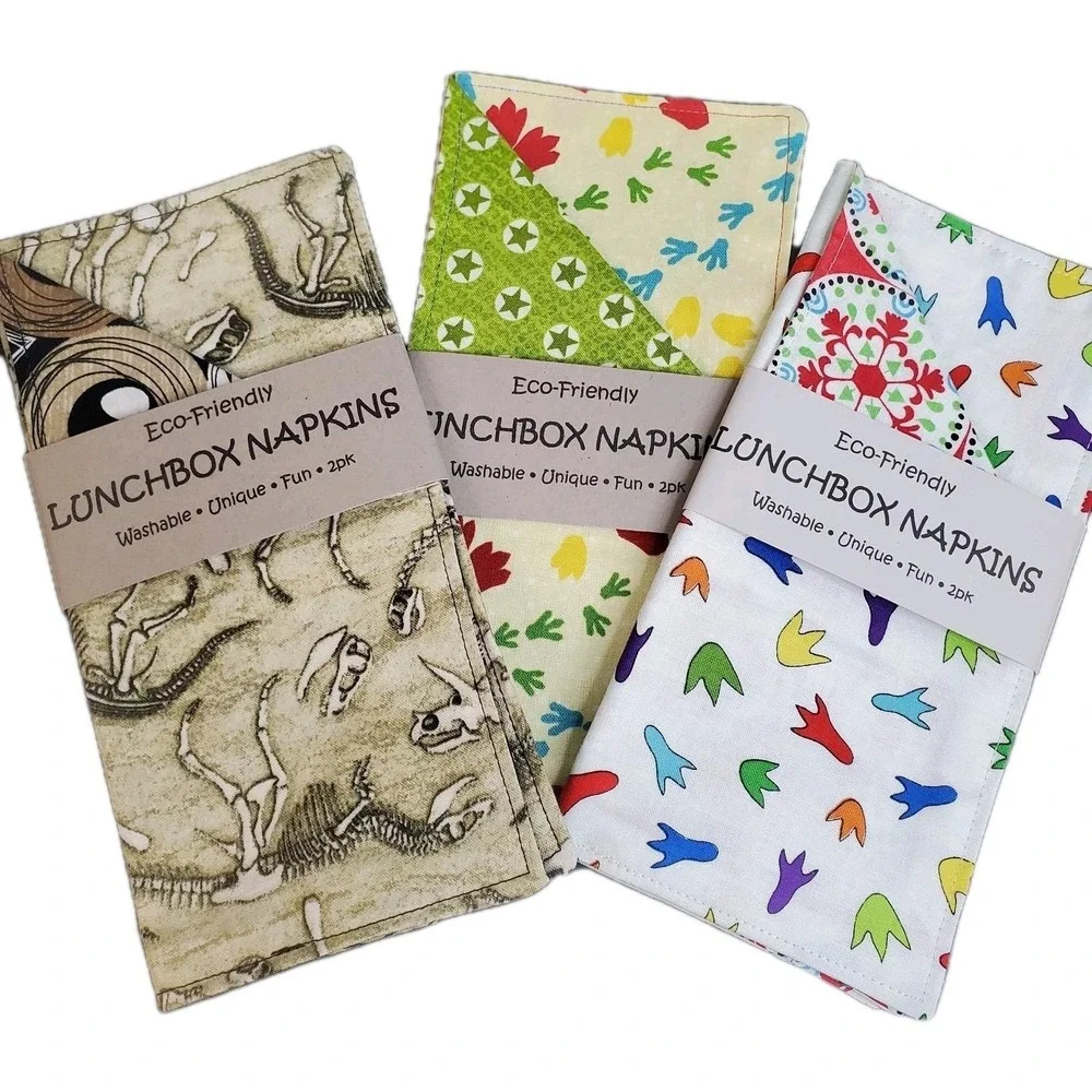 Cotton Novelty Fabric Napkins DINOSAUR Theme, Three 2ct Reusable Hand Towels 8